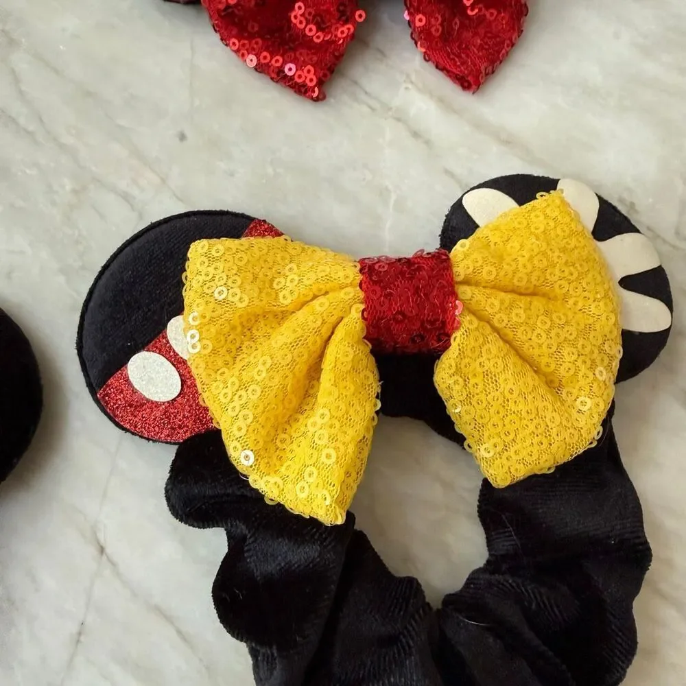 Disney Mickey Minnie Mouse Hair Scrunchies Lot of 5 – Sequin Bows Ears